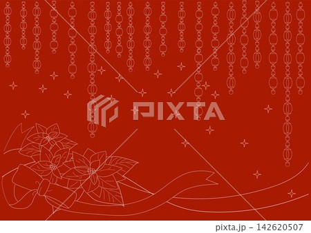 クリスマス向けオーナメント、ポインセチア、リボンの線描きイラスト入り赤単色背景素材 クリスマス向けオーナメント、ポインセチア、リボンの線描きイラスト入り赤単色背景素材 142620507