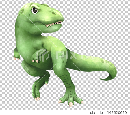 Watercolor Tyrannosaurus rex dinosaur isolated PNG illustration, featuring a cute hand-drawn green t-rex prehistoric predator character on a transparent background. Watercolor Tyrannosaurus rex dinosaur isolated PNG illustration, featuring a cute hand-drawn green t-rex prehistoric predator character on a transparent background. 142620650