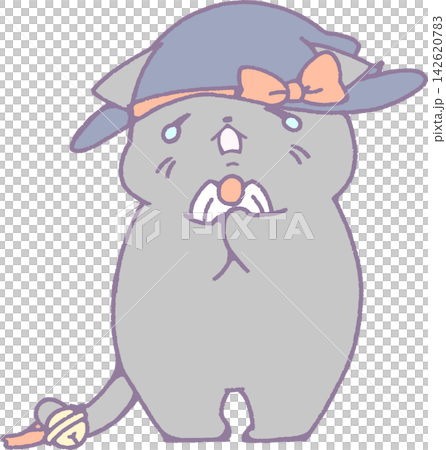 一張可愛的萬聖節插畫，畫的是一隻戴著女巫帽的哭泣的黑貓。 142620783
