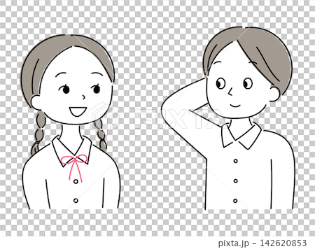 Illustration of a male and female student facing each other with smiles. Illustration of a male and female student facing each other with smiles. 142620853