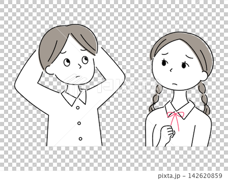 一幅描繪一名男學生和一名女學生焦慮地抬頭看的插圖。 一幅描繪一名男學生和一名女學生焦慮地抬頭看的插圖。 142620859