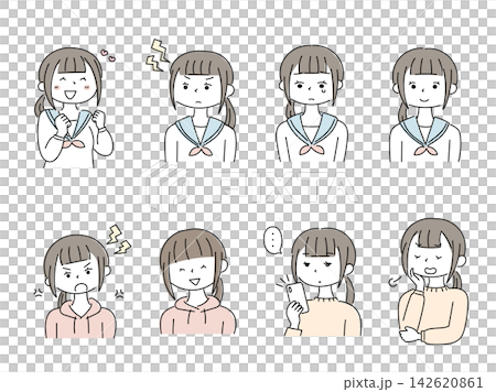 一組描繪女學生各種表情和情緒的插圖。 一組描繪女學生各種表情和情緒的插圖。 142620861
