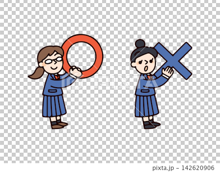 A set of illustrations of female students holding circles and female students holding crosses. A set of illustrations of female students holding circles and female students holding crosses. 142620906