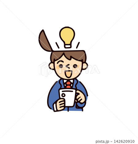 頭が開いて電球が出ている笑顔でスマホを操作している男子学生のイラスト 頭が開いて電球が出ている笑顔でスマホを操作している男子学生のイラスト 142620910