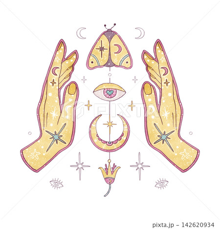 Watercolor esoteric mystical hands, pastel moth, magic eye, crescent moon, sacred lotus isolated on white. Hand drawn graphic elements. Aesthetic mystical symbols for stationery, textile, cards 142620934