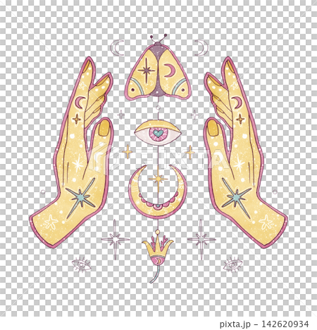 Watercolor esoteric mystical hands, pastel moth, magic eye, crescent moon, sacred lotus isolated on white. Hand drawn graphic elements. Aesthetic mystical symbols for stationery, textile, cards Watercolor esoteric mystical hands, pastel moth, magic eye, crescent moon, sacred lotus isolated on white. Hand drawn graphic elements. Aesthetic mystical symbols for stationery, textile, cards 142620934