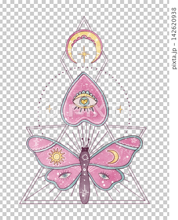 Watercolor pastel esoteric illustration with pink sacred heart planchette, magic butterfly, sacred geometry. Isolated hand drawn celestial vertical composition for alternative valentines, tarot cards Watercolor pastel esoteric illustration with pink sacred heart planchette, magic butterfly, sacred geometry. Isolated hand drawn celestial vertical composition for alternative valentines, tarot cards 142620938