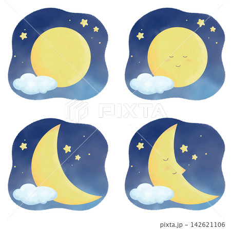 夜空と月 セット 水彩風 夜空と月 セット 水彩風 142621106