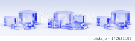 3D set of clear blue glass podiums, hexagon pedestals. Minimalist product display platforms, transparent acrylic stands for cosmetic presentation, stage mockup on light background. 3D illustration 3D set of clear blue glass podiums, hexagon pedestals. Minimalist product display platforms, transparent acrylic stands for cosmetic presentation, stage mockup on light background. 3D illustration 142621198