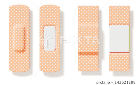 3D medical adhesive bandages set. Beige band aid with white polka dot pattern, elastic breathable tape. First aid, sterile wound plaster strip, rectangular patch front and back view. 3D illustration 3D medical adhesive bandages set. Beige band aid with white polka dot pattern, elastic breathable tape. First aid, sterile wound plaster strip, rectangular patch front and back view. 3D illustration 142621199