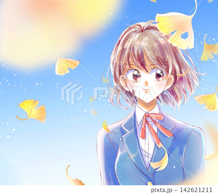 女子学生　バストアップ　強気　イチョウ　青空 142621211