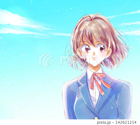 女子学生 バストアップ 強気 青空 女子学生 バストアップ 強気 青空 142621214