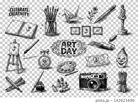 A set of line drawings and illustrations for art supplies, featuring paintings, photographs, and stage art. A set of line drawings and illustrations for art supplies, featuring paintings, photographs, and stage art. 142621690