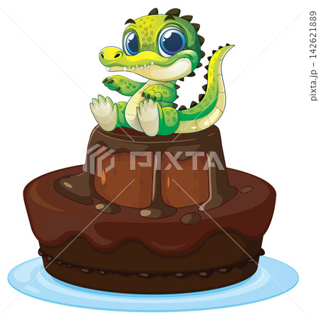 Cute Cartoon Baby Crocodile Sitting on a Chocolate Layer Cake Cute Cartoon Baby Crocodile Sitting on a Chocolate Layer Cake 142621889