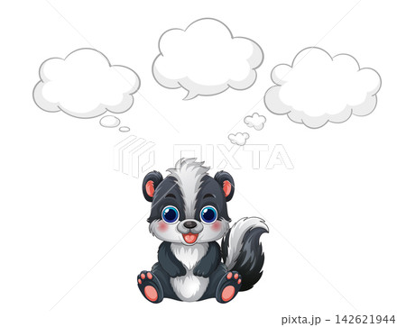 Cute Cartoon Skunk Sitting with Three Empty Thought Bubbles 142621944