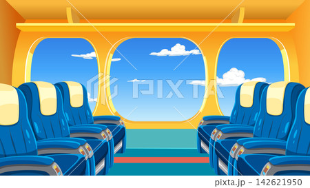 Interior View of Empty Airplane Cabin with Blue Seats and Sky Windows 142621950