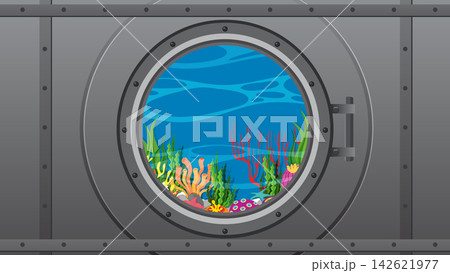 Submarine Porthole View of Colorful Coral Reef and Underwater Life 142621977