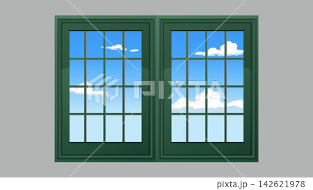 Green Double Window Frame with Blue Sky and Clouds View Green Double Window Frame with Blue Sky and Clouds View 142621978