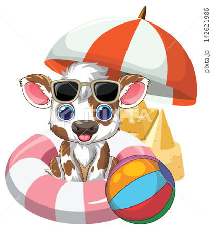 Adorable Calf Character with Beach Umbrella Float and Ball Vector Illustration 142621986