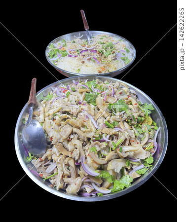 Spicy Pork Skin and Glass Noodle Salad in Stainless Steel Tray, focus selective 142622265
