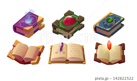 Stylized magic book element set with fantasy gems and ornaments Stylized magic book element set with fantasy gems and ornaments 142622522