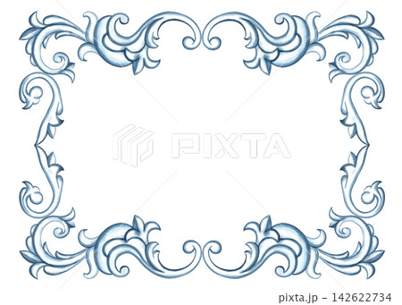 A frame with a decorative ornament in the Baroque style. A hand drawn watercolor illustration. A versatile element for designing covers, invitations, postcards and certificates, web pages, and more. 142622734