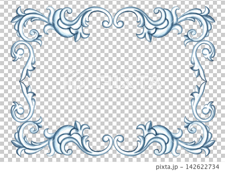 A frame with a decorative ornament in the Baroque style. A hand drawn watercolor illustration. A versatile element for designing covers, invitations, postcards and certificates, web pages, and more. 142622734