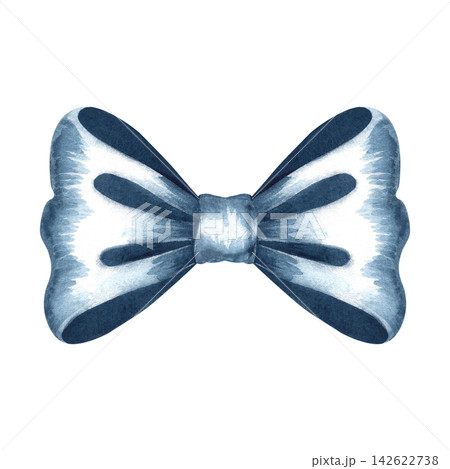 A blue bow made of ribbon. Hand drawn watercolor illustration. A versatile element for designing invitations, greetings, postcards, labels and packaging, holiday decor, and much more. A blue bow made of ribbon. Hand drawn watercolor illustration. A versatile element for designing invitations, greetings, postcards, labels and packaging, holiday decor, and much more. 142622738