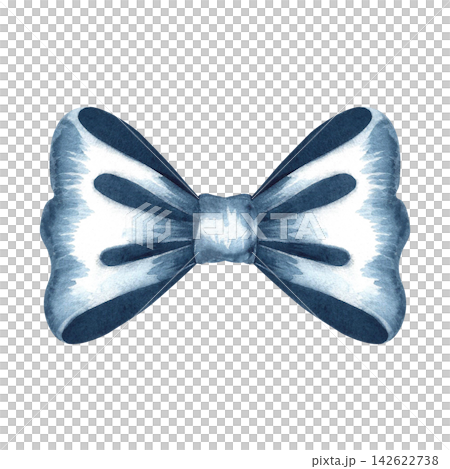 A blue bow made of ribbon. Hand drawn watercolor illustration. A versatile element for designing invitations, greetings, postcards, labels and packaging, holiday decor, and much more. A blue bow made of ribbon. Hand drawn watercolor illustration. A versatile element for designing invitations, greetings, postcards, labels and packaging, holiday decor, and much more. 142622738