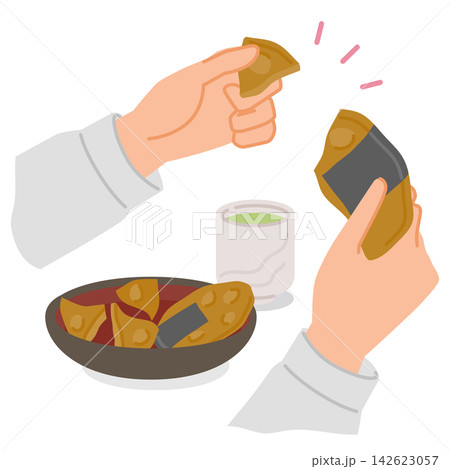 煎餅を小さく割って食べやすい工夫をするシニアの口腔ケアのイラスト 142623057