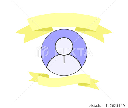 Profile user avatar icon inside a purple circle badge with a yellow winner ribbon banner Profile user avatar icon inside a purple circle badge with a yellow winner ribbon banner 142623149