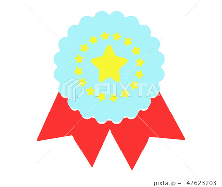 Decorative blue scalloped certificate rosette seal with stars and bright red hanging ribbons Decorative blue scalloped certificate rosette seal with stars and bright red hanging ribbons 142623203