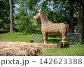 Straw horse sculpture stands in a park surrounded by trees during sunny daytime 142623388
