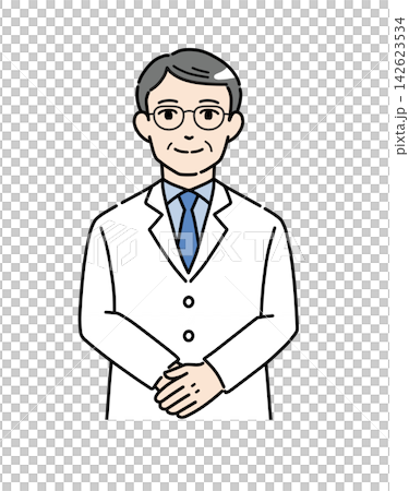 Illustration of a senior man in a white coat bowing with his hands clasped. Illustration of a senior man in a white coat bowing with his hands clasped. 142623534