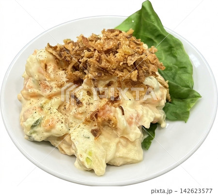 白背景の白い丸皿に盛り付けたフライドオニオンと大葉添えポテトサラダのシズル感ある俯瞰写真 白背景の白い丸皿に盛り付けたフライドオニオンと大葉添えポテトサラダのシズル感ある俯瞰写真 142623577