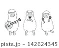 楽器や歌を演奏する羊たちのイラスト、モノクロ 142624345