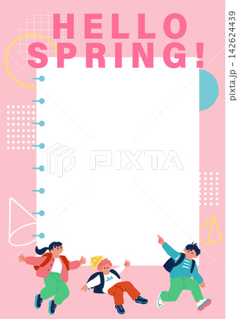 ランドセルを背負う小学生3人と、ノート風フレームの「HELLO SPRING!」ポスターデザイン ランドセルを背負う小学生3人と、ノート風フレームの「HELLO SPRING!」ポスターデザイン 142624439