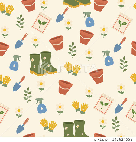 Hand Drawn Gardening Tools and Flowers Seamless Pattern Background Hand Drawn Gardening Tools and Flowers Seamless Pattern Background 142624558