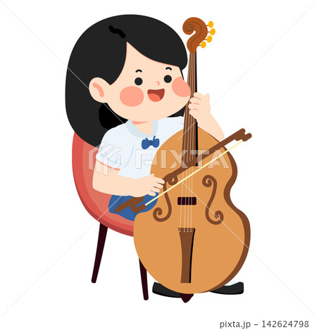 School girl playing double bass musical instrument 142624798