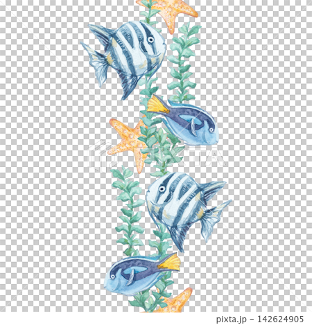 Tropical fish, starfish and seaweed watercolor seamless border isolated on white background. Hand drawn marine Red Sea themed original element for eye-catching vertical decor, stationery or print Tropical fish, starfish and seaweed watercolor seamless border isolated on white background. Hand drawn marine Red Sea themed original element for eye-catching vertical decor, stationery or print 142624905