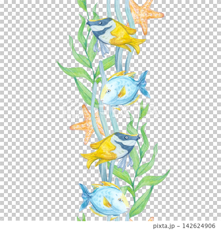 Vertical border with watercolor tropical fish, starfish, corals, seaweed, and bubbles on a white background. Original hand-drawn marine element for decor, stationery, or textile print 142624906