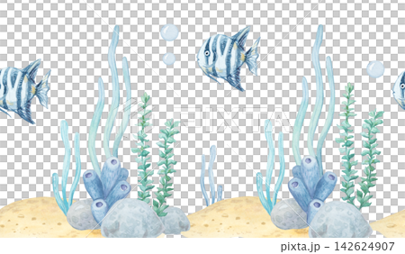 Watercolor seamless border with tropical fish, seaweed, corals and stones isolated on white background. Hand drawn marine element for underwater theme design, horizontal decor, stationery or print Watercolor seamless border with tropical fish, seaweed, corals and stones isolated on white background. Hand drawn marine element for underwater theme design, horizontal decor, stationery or print 142624907