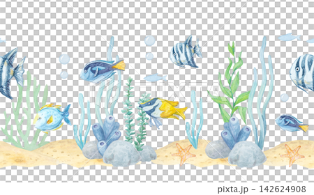 Watercolor seamless border with tropical fish, seaweed, corals, stones and starfish isolated on white background. Hand drawn marine element for underwater theme design Watercolor seamless border with tropical fish, seaweed, corals, stones and starfish isolated on white background. Hand drawn marine element for underwater theme design 142624908