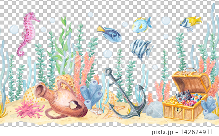 Seahorses, tropical fish, anchor, seaweed and corals forming a Red Sea inspired watercolor seamless border isolated. Hand drawn marine element for nautical theme design. Seahorses, tropical fish, anchor, seaweed and corals forming a Red Sea inspired watercolor seamless border isolated. Hand drawn marine element for nautical theme design. 142624911