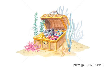 Watercolor treasure chest scene with pirate gems and crown isolated on white background. Hand drawn marine seabed with coral, starfish, seaweed  142624945