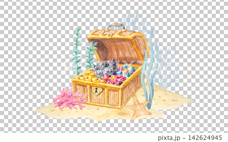 Watercolor treasure chest scene with pirate gems and crown isolated on white background. Hand drawn marine seabed with coral, starfish, seaweed Watercolor treasure chest scene with pirate gems and crown isolated on white background. Hand drawn marine seabed with coral, starfish, seaweed 142624945