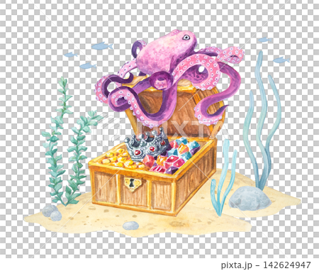 Watercolor treasure chest scene with cute octopus and crown isolated on white background. Hand drawn marine seabed with seaweed for children underwater adventure design, party or invitation Watercolor treasure chest scene with cute octopus and crown isolated on white background. Hand drawn marine seabed with seaweed for children underwater adventure design, party or invitation 142624947