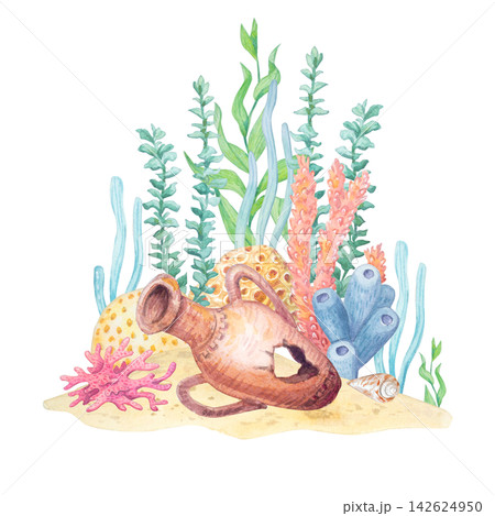 Watercolor antique amphora scene isolated on white background. Hand drawn marine seabed with coral, sponges, seaweed and shell for party decoration, gift tag or print Watercolor antique amphora scene isolated on white background. Hand drawn marine seabed with coral, sponges, seaweed and shell for party decoration, gift tag or print 142624950