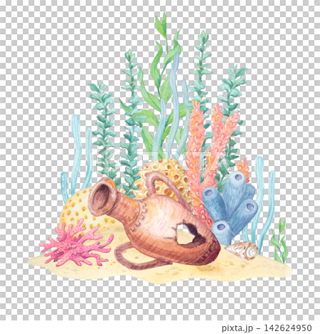 Watercolor antique amphora scene isolated on white background. Hand drawn marine seabed with coral, sponges, seaweed and shell for party decoration, gift tag or print Watercolor antique amphora scene isolated on white background. Hand drawn marine seabed with coral, sponges, seaweed and shell for party decoration, gift tag or print 142624950