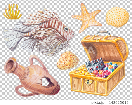 Watercolor Red Sea treasure elements set isolated on white background. Hand drawn collection for underwater adventure design with pirate chest, antique amphora vase, fish and coral Watercolor Red Sea treasure elements set isolated on white background. Hand drawn collection for underwater adventure design with pirate chest, antique amphora vase, fish and coral 142625013